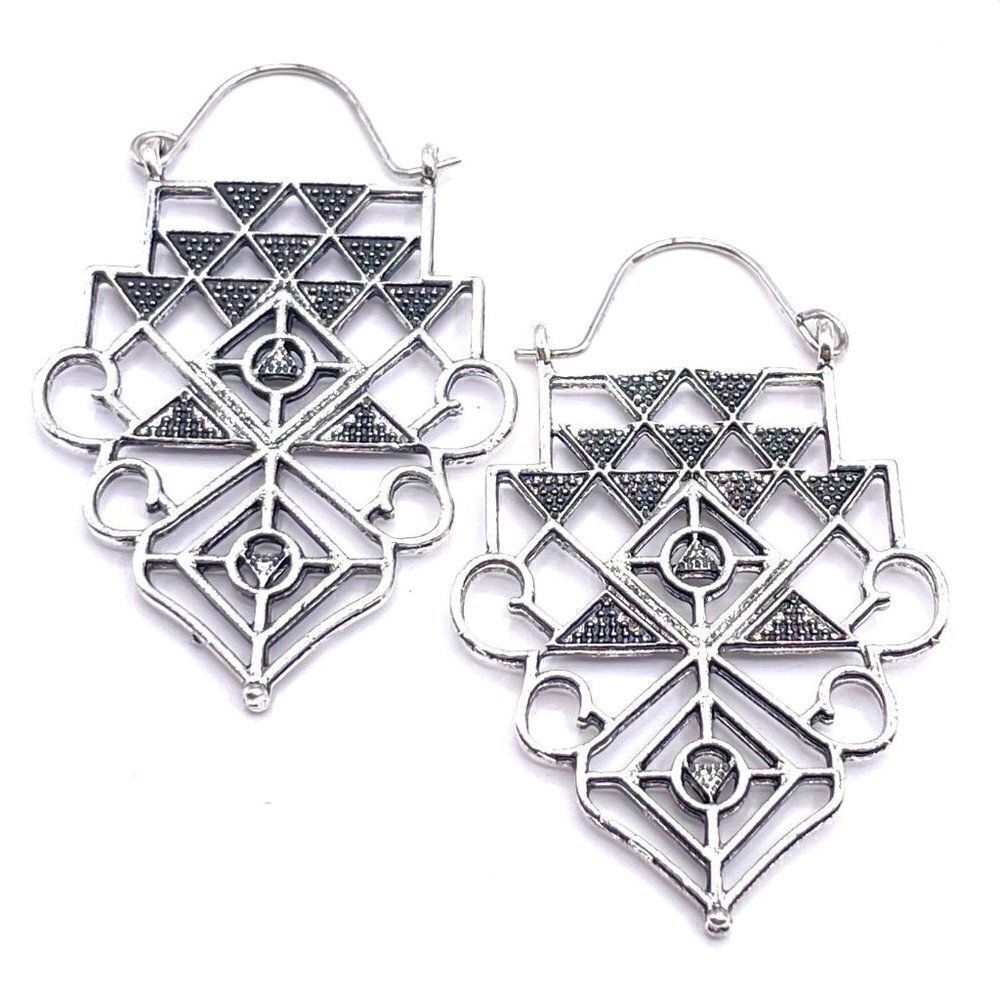 Silver Detailed Boho Asian Inspired Dangling Drop Hinged Hook Earrings